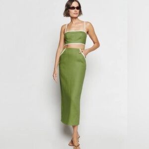 Reformation Linen Elena Two Piece Set Size 2 Avocado Green Midi Pencil Skirt